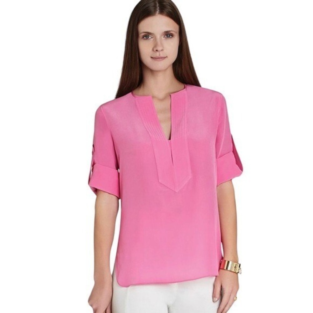 BCBGMaxAzria Emmalise Silk Top XXS Pink Blush Berry Luxe Designer Minimalist